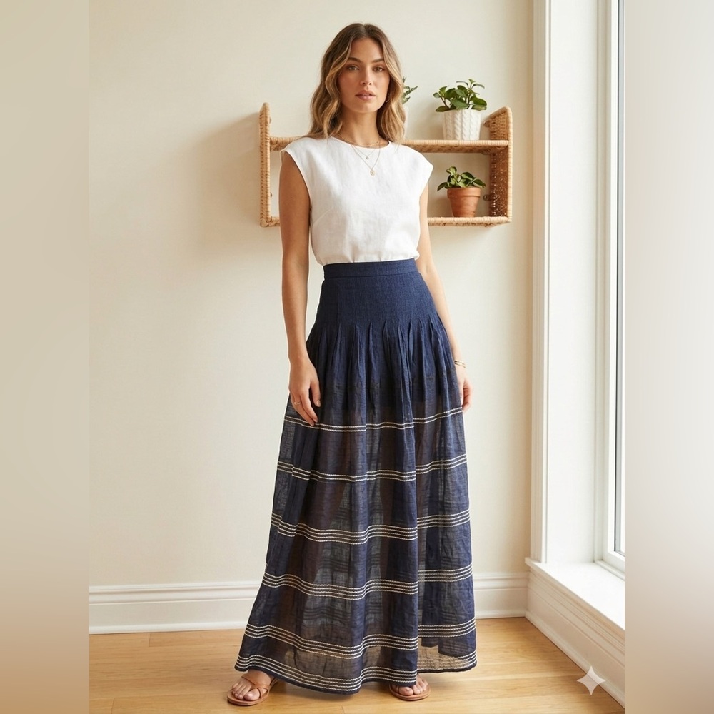Mario Serrani A-Line Skirt fisherman marine navy pleated skirt size m vintage